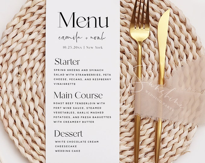 Minimalist Wedding Menu Template, Modern Wedding Menu Cards, Menu Card Template, Wedding Menu Card, Elegant Menu Card, Instant Download, M15