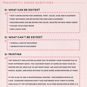 May include: A pink and white graphic with the text "Sunshine Wedding Party" and the title "Super easy to use Stationery Templates". The graphic lists frequently asked questions about editing and printing wedding stationery templates.