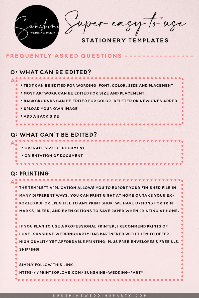 May include: A pink and white graphic with the text "Sunshine Wedding Party" and the title "Super easy to use Stationery Templates". The graphic lists frequently asked questions about editing and printing wedding stationery templates.