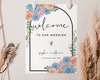 Dusty Blue Peach Blush Wedding Welcome Sign Template, Rustic Floral Wedding, Boho Wedding, Editable Template, Printable Wedding Sign, F28