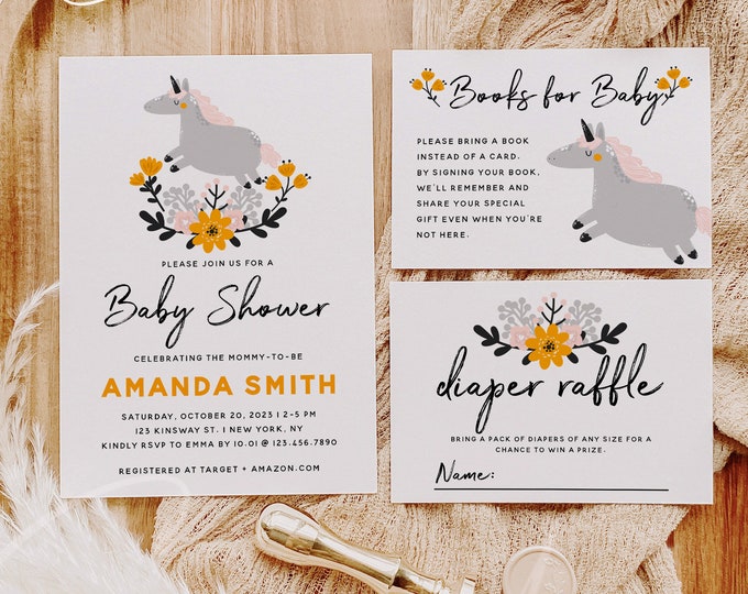Unicorn Baby Shower Invitation Kit | Editable Invite + Books for Baby + Diaper Raffle | Templett | Instant Download | Printable Set | B2