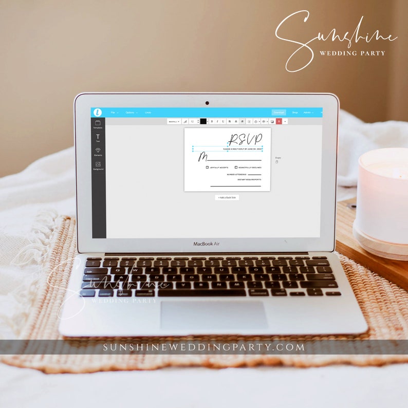 May include: A laptop computer screen displaying a wedding RSVP card with a blue and white colour scheme. The card has the text "RSVP" in black script font. The text "Sunshine Wedding Party" is visible at the top of the screen.