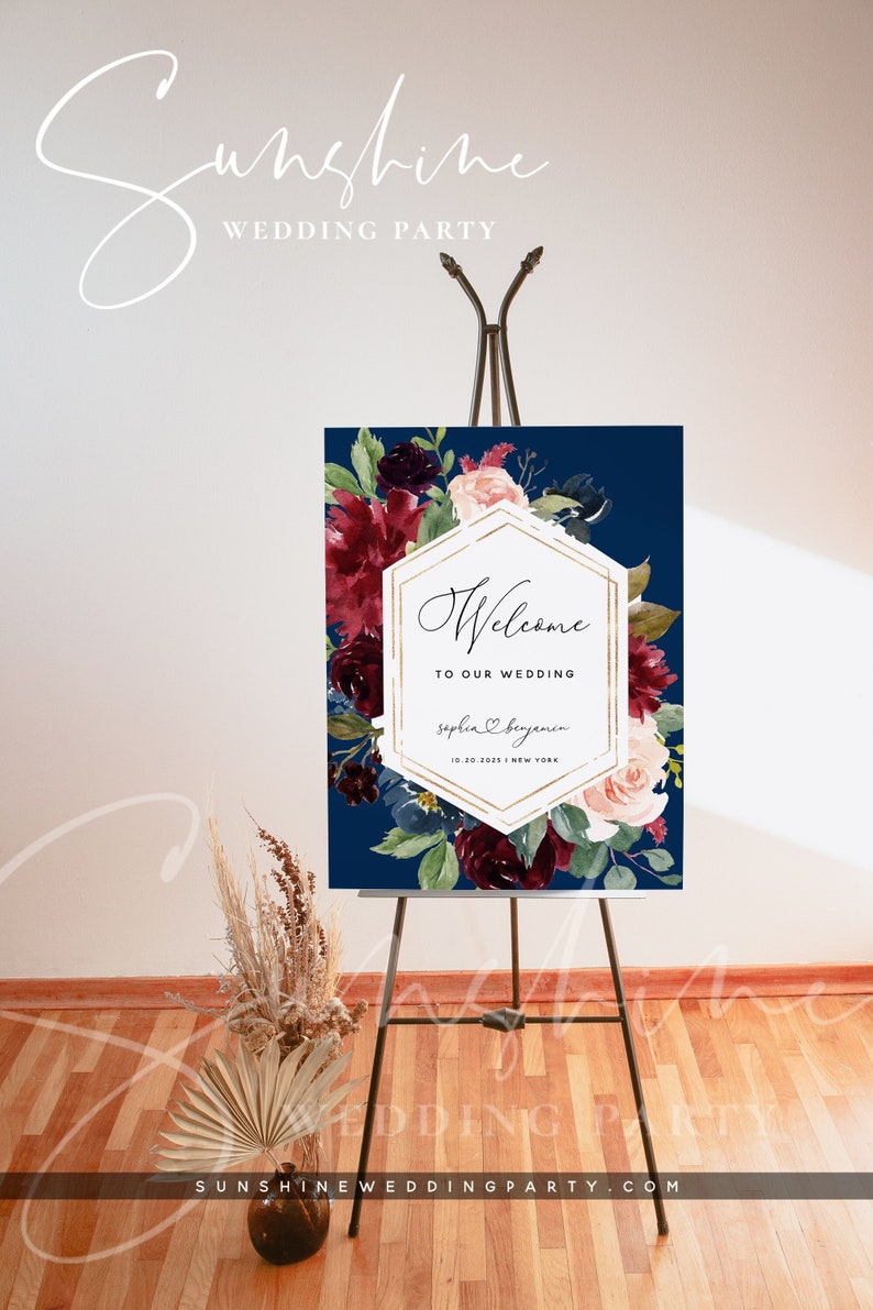 Navy Burgundy Wedding Welcome Sign Template, Marsala Floral Welcome Board, Printable Welcome Sign, Editable Template, Instant Download, F17 image 1