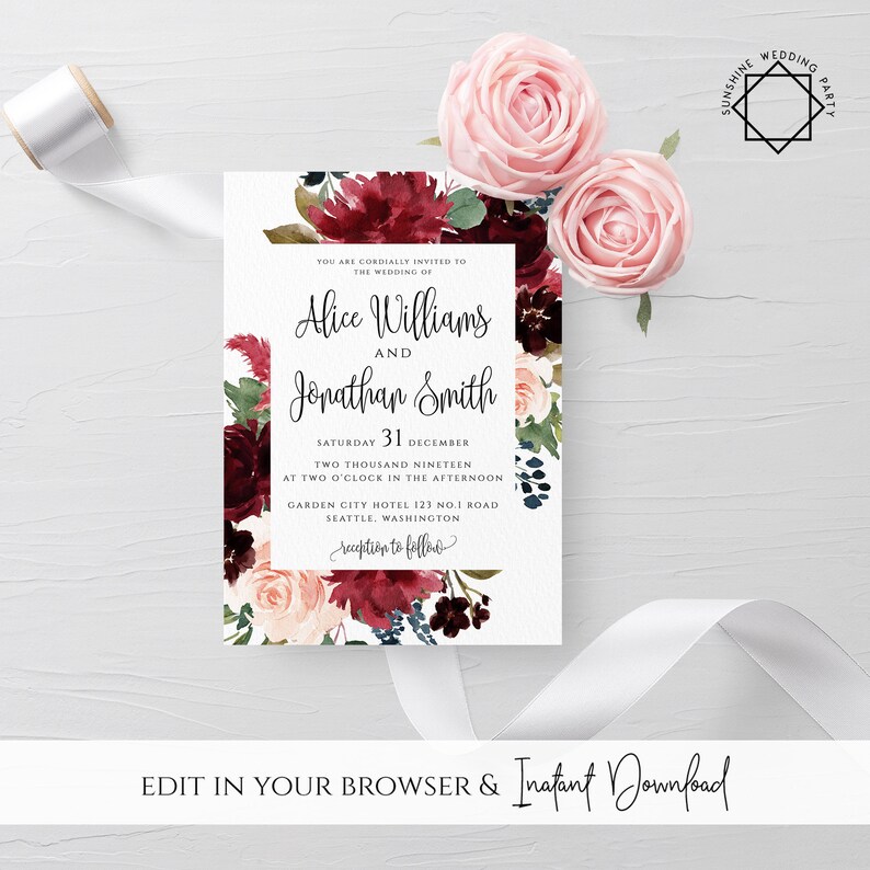 Marsala Burgundy Navy Wedding Invitation Template Printable Fully Editable Wedding Invitation Template Instant Download Templett PDF JPEG F3