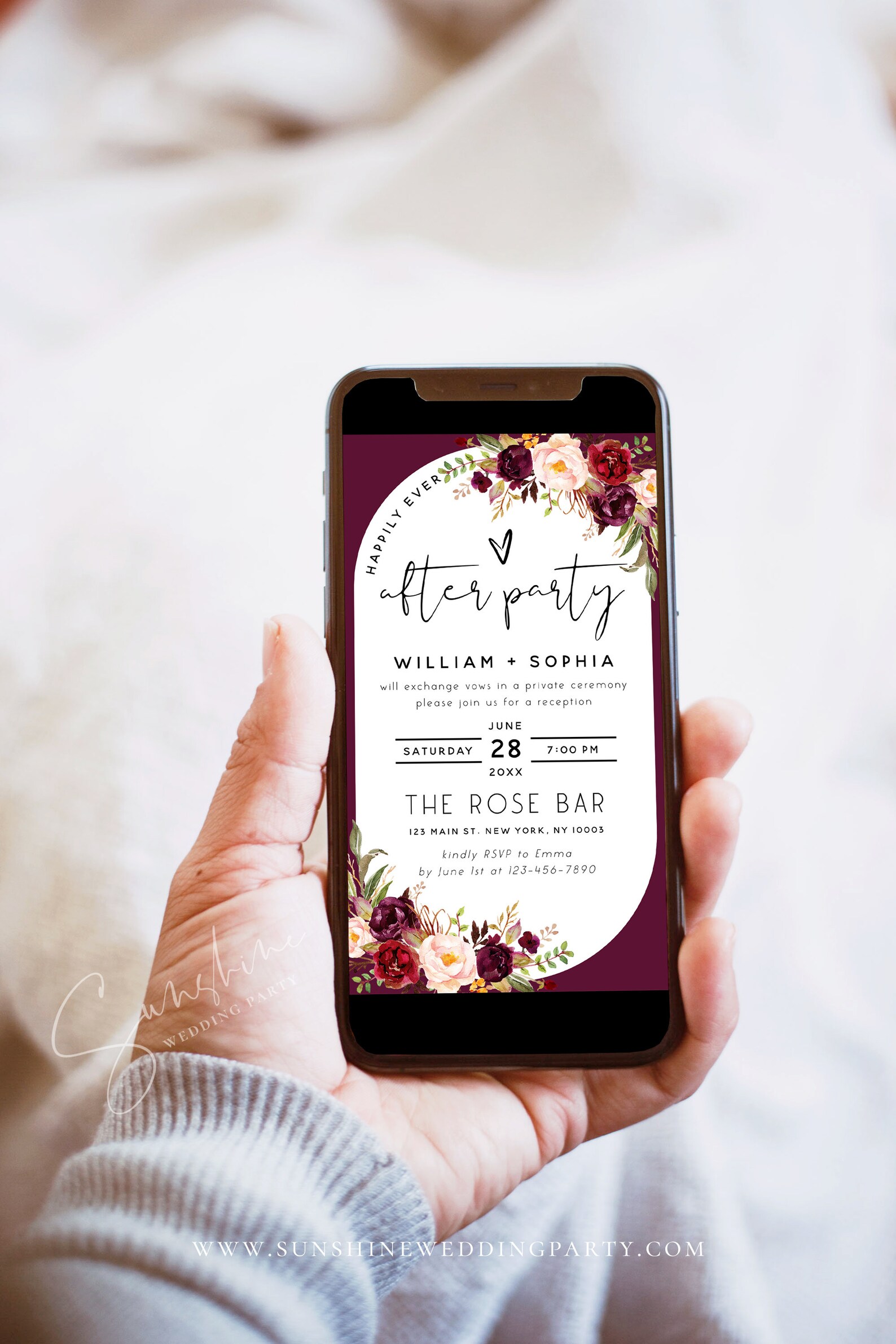 Electronic Reception Invitation Template, Dusty Pink Burgundy Floral ...