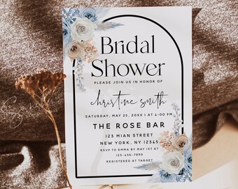 Dusty Blue Champagne Bridal Shower Invitation Template, Bohemian Bridal Shower Invite, Pampas Grass Bridal Shower, Editable Template, F23