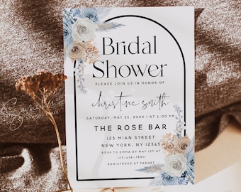 Dusty Blue Bridal Shower Invite | Champagne Arch Template | Editable Templett | Instant Download | Printable Bridal Invite | Wedding DIY F23
