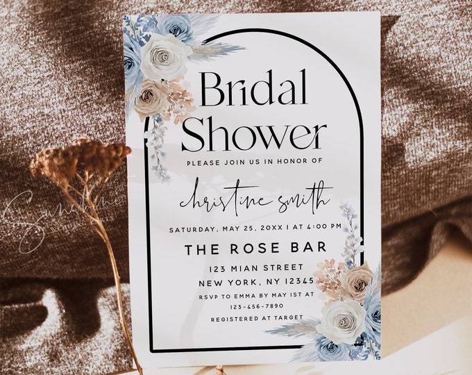 Dusty Blue Bridal Shower Invite | Champagne Arch Template | Editable Templett | Instant Download | Printable Bridal Invite | Wedding DIY F23