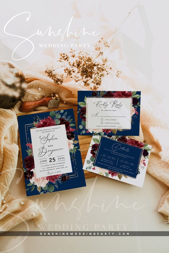 Navy Burgundy Wedding Invitation Kit Template, Marsala Wedding Invitation Suite, Floral Invitation Set, Instant Download, Templett, F17