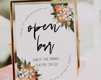 Orange Wedding Open Bar Sign Template, Citrus Wedding Sign, Alcohol Drink Bar Sign, Printable Signs, Editable Template, Instant Download, C2