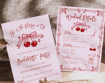 Cherry Bachelorette Party Invitation & Itinerary | Editable Bachelorette Weekend Template | Printable Bachelorette Invite | Instant Download