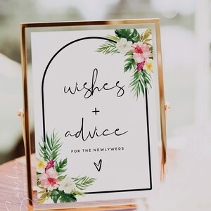 Plantilla de letrero con consejos para la novia y el novio en la playa hawaiana, letrero con consejos y deseos, letrero con consejos y deseos para la boda, descarga instantánea, H1