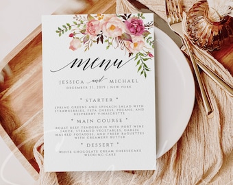 Marsala Wedding Menu Template Floral DIY Wedding Menu Elegant Printable Menu Editable Menu Dinner Menu Template Instant Download Templett F4