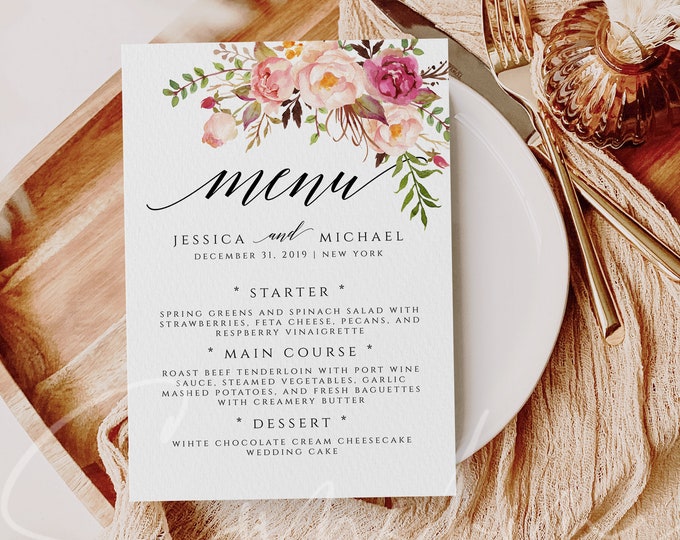 Marsala Wedding Menu Template Floral DIY Wedding Menu Elegant Printable Menu Editable Menu Dinner Menu Template Instant Download Templett F4