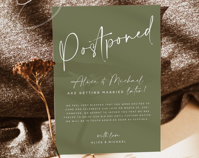 Terracotta Wedding Postponed Card Template, Printable Wedding Postponed Cards, Cactus Green, Modern Minimal, Instant Download, Templett, T1