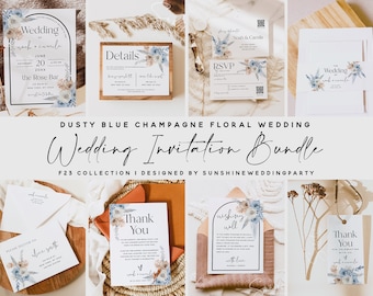 Dusty Blue Champagne Wedding Invitation Bundle, Invitation Template, Boho Floral Wedding Bundle, Invitation Suite, Editable Template, F23