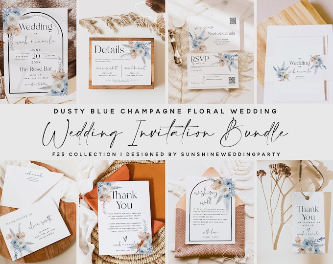 Dusty Blue Champagne Wedding Invitation Bundle, Invitation Template, Boho Floral Wedding Bundle, Invitation Suite, Editable Template, F23