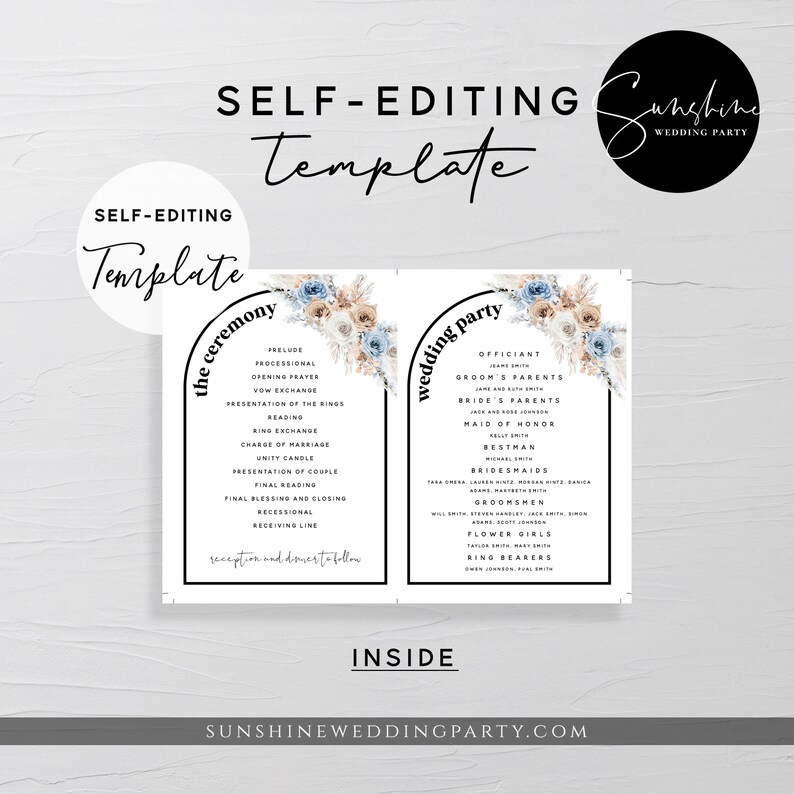 Folded Program Card Template, Dusty Blue Champagne Floral Wedding, Boho ...