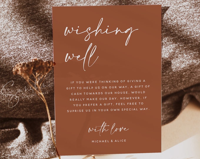 Terracotta Wedding Wishing Well Card Template, Modern Minimalist, Burnt Orange, Wishing Well Sign, Wishing Well Card, Editable Template, T1