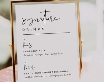 Signature Drinks Sign Template, Minimalist Modern, Wedding Signature Drinks Sign, His and Hers Drink Bar Sign, Editable Template, M8