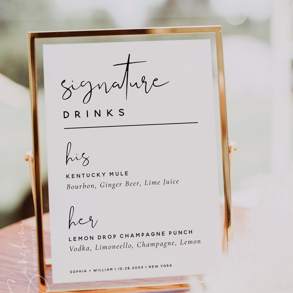 Signature Drinks Sign Template, Minimalist Modern, Wedding Signature Drinks Sign, His and Hers Drink Bar Sign, Editable Template, M8
