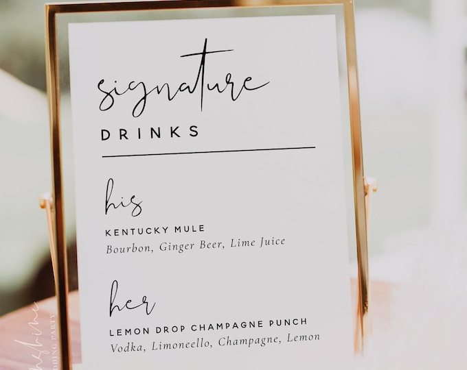 Signature Drinks Sign Template, Minimalist Modern, Wedding Signature Drinks Sign, His and Hers Drink Bar Sign, Editable Template, M8