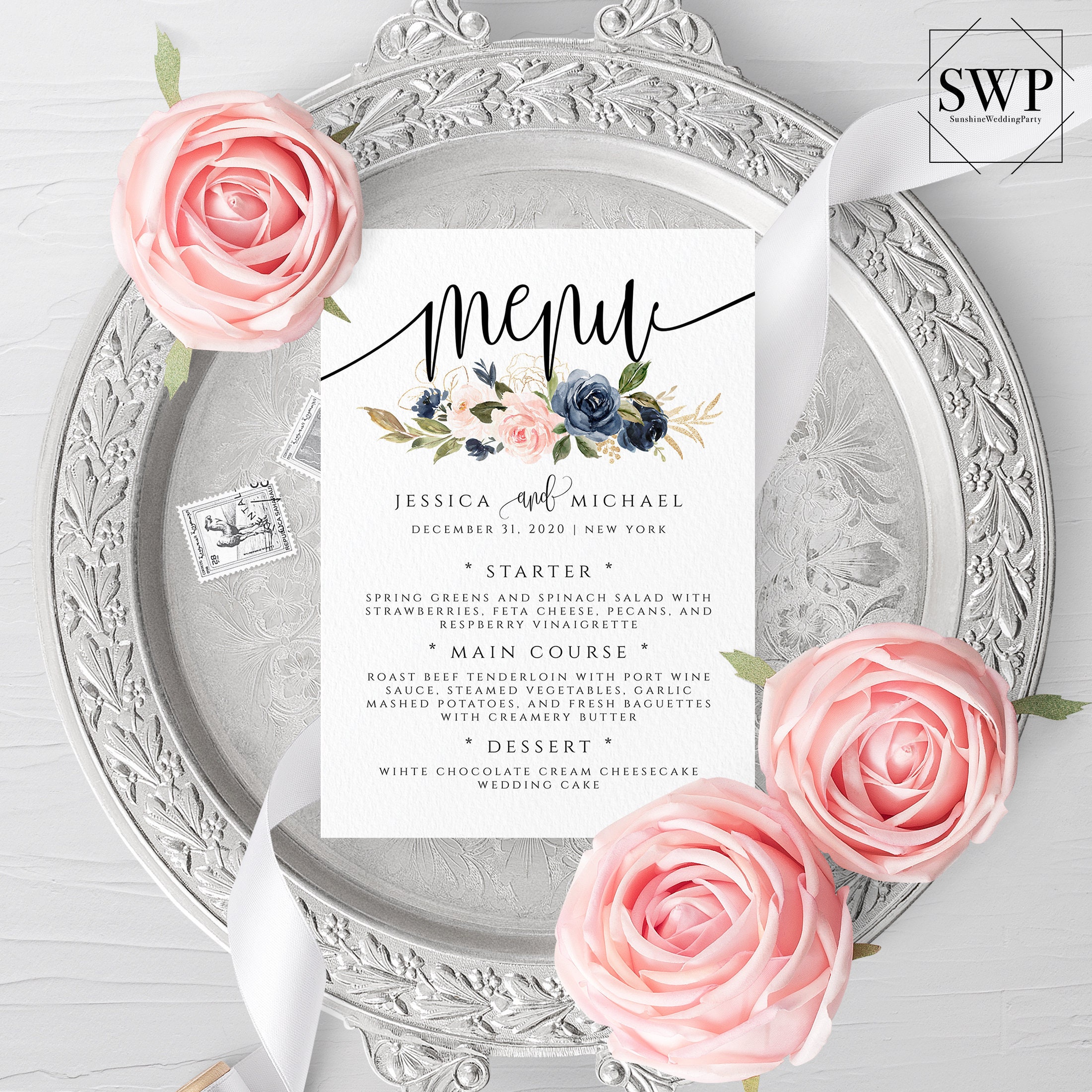 Navy & Blush Wedding Menu Template Printable Menu Editable Menu Wedding