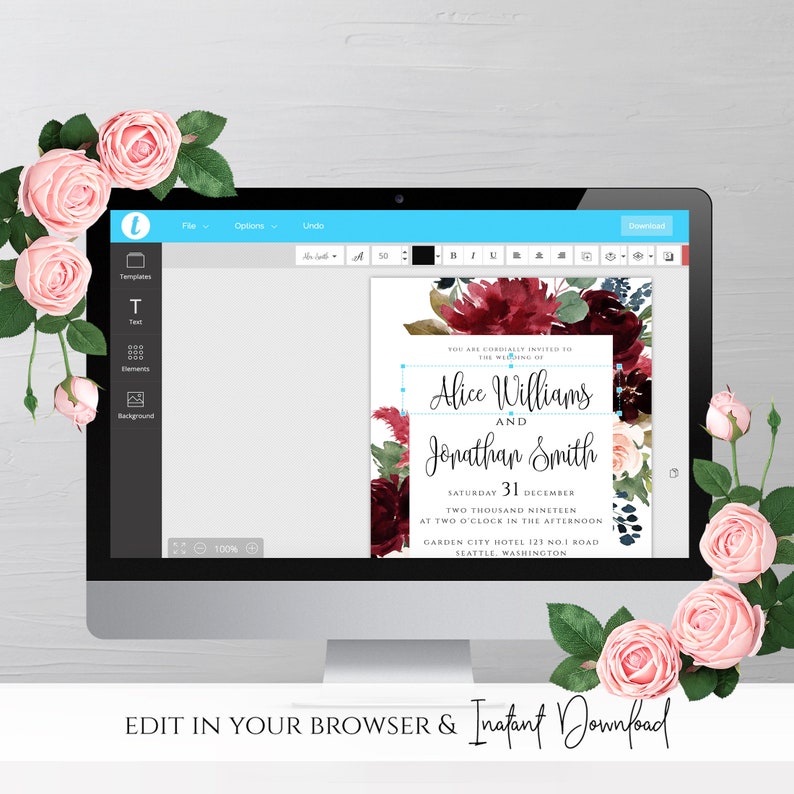 Marsala Burgundy Navy Wedding Invitation Template Printable Fully Editable Wedding Invitation Template Instant Download Templett PDF JPEG F3