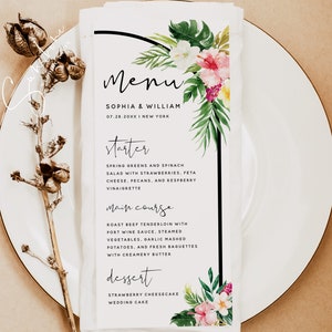 Hawaiian Beach Wedding Menu Card Template, Tropical Wedding, Editable Menu Cards Template, Printable Menu Signs, Instant Download, H1 image 3