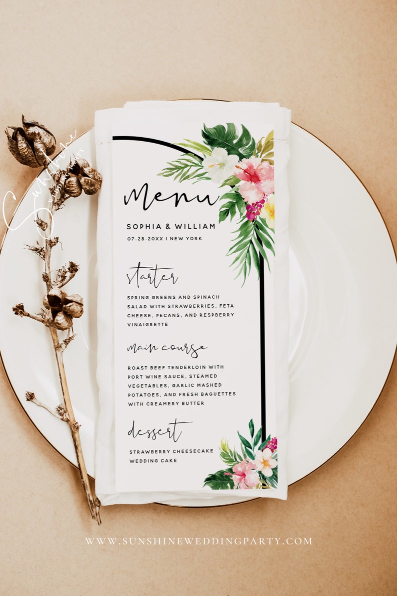 Hawaiian Beach Wedding Menu Card Template, Tropical Wedding, Editable Menu Cards Template, Printable Menu Signs, Instant Download, H1 image 3