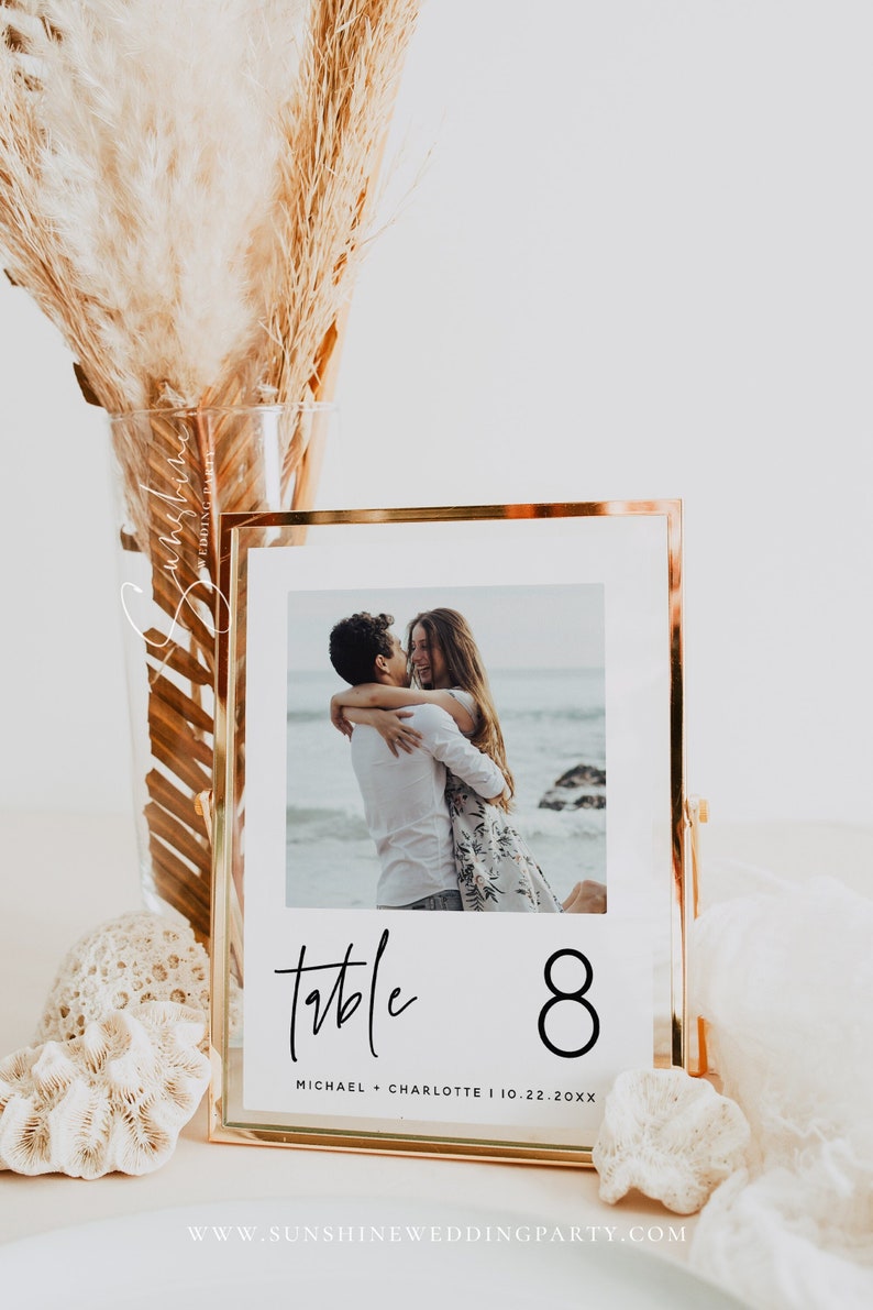 Minimalist Wedding Table Numbers with Photos Template, Digital Download, Editable, Photo Table Numbers, Wedding Table Numbers, 5x7, 4x6, M7 image 1