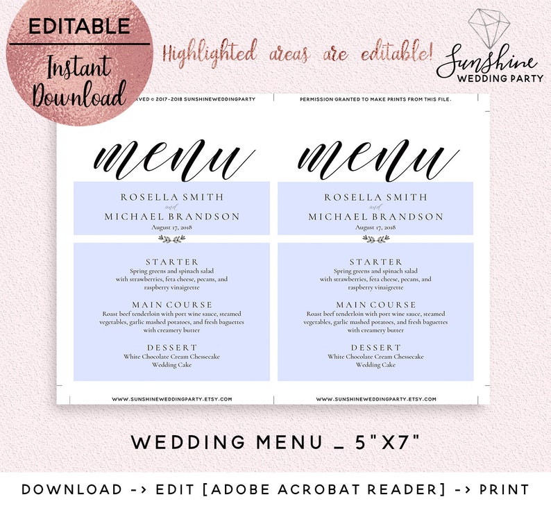 Wedding Menu Template Printable Fashion Script Font Wedding Menu Template 5x7 Editable PDF Instant Download Digital Download