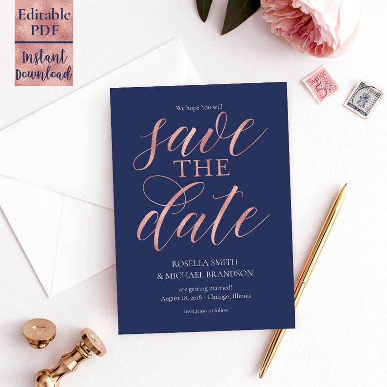 Navy Blue Rose Gold save THE date card Template 5x7 Printable Wedding save the date card Editable PDF Digital Download Instant Download