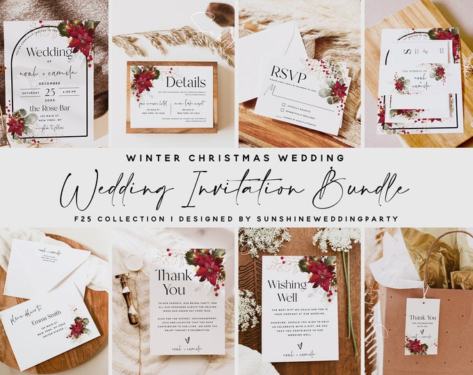 Christmas Wedding Invitation Bundle, Winter Wedding, Wedding Invitation Kit, Wedding Invite Suite, Wedding Invite Set, Wedding Template, F25