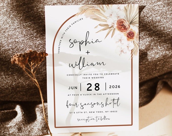 Pampas Terracotta Wedding Invitation Template, Modern Terracotta Boho Invitation, Wedding Invitation Template, Instant Download, T4