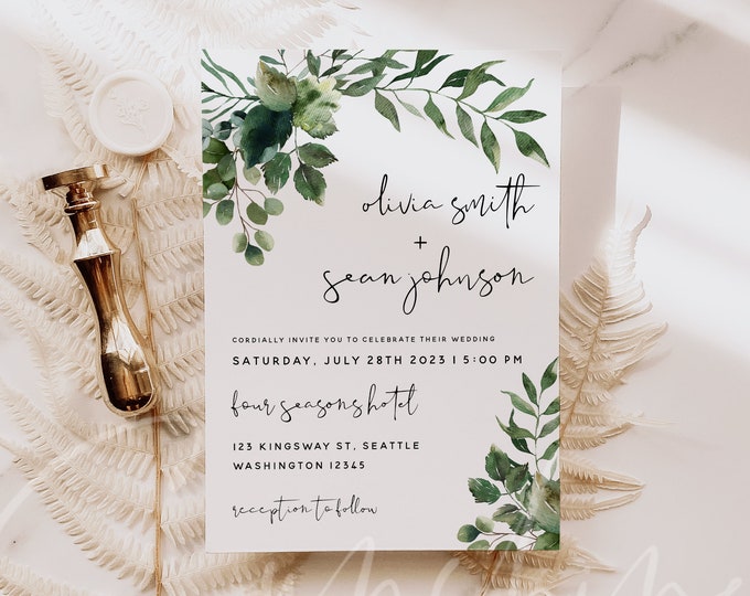 Greenery Wedding Invitation Template, Greenery Wedding Invitation Cards, Printable Invite Cards, Editable Text, Instant Download Templett G5