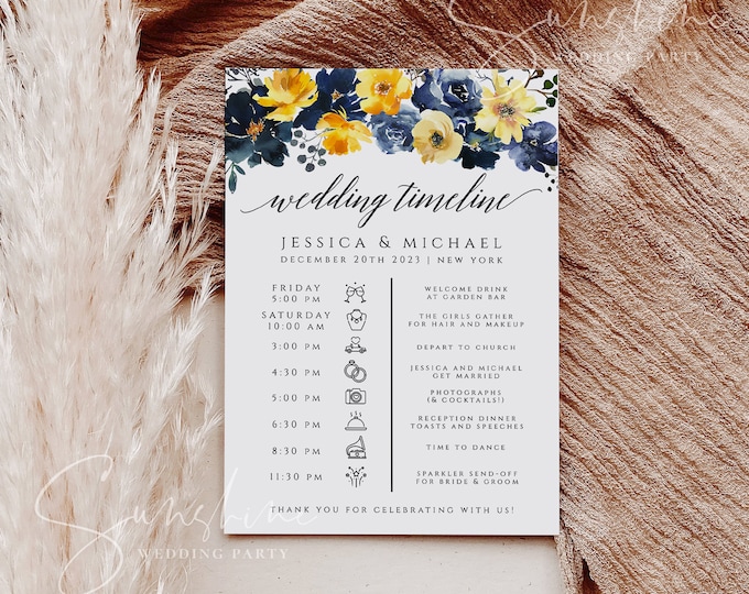 Blue Yellow Floral Wedding Timeline Wedding Itinerary Template Printable Schedule Order of Events, Editable, Instant Download, Templett, F15