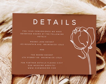 Terracotta Wedding Details Card Template, Floral Printable Wedding Accommodations, Modern Editable Terracotta Template, Instant Templett T2