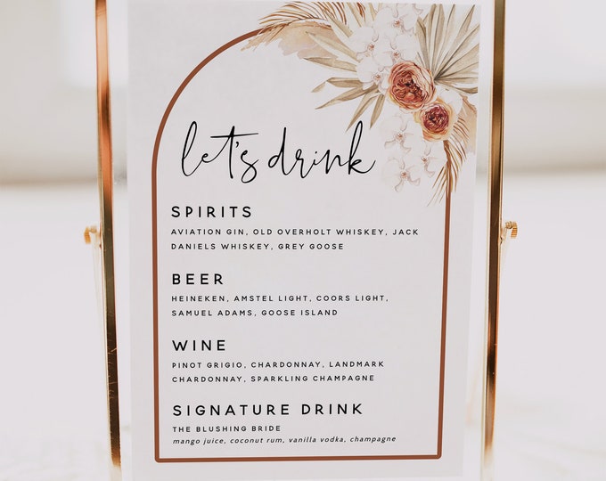 Pampas Terracotta Drink Menu Template, Let's Drink Sign, Arch Boho the Bar Menu Sign, Modern Wedding Drink Sign, Terracotta Wedding, T4