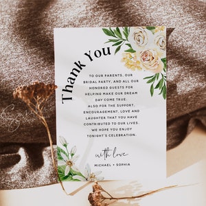 Plantilla de tarjeta de agradecimiento con flores de rosas blancas, boda bohemia, carta de agradecimiento, notas de agradecimiento, tarjetas de agradecimiento, plantilla editable para hacer tú mismo, F27