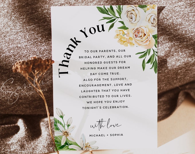 White Rose Floral Thank You Cards Template, Bohemian Wedding, Thank You Letter, Thank You Notes, Thank You Cards, DIY Editable Template, F27