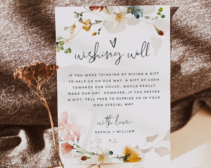 Wedding Wishing Well Card Template, Garden Flowers, Wishing Well Cards, Wishing Well Insert Cards, Editable Template, Instant Download, F16