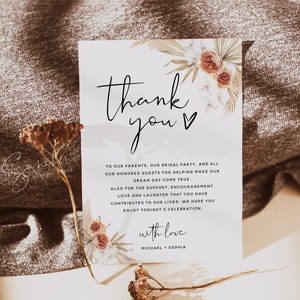 Plantilla de tarjeta de agradecimiento de terracota, hierba de la pampa, tarjetas de agradecimiento florales, tarjetas de agradecimiento, tarjetas imprimibles, plantilla editable para hacer uno mismo, T4