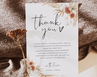 Terracotta Thank You Card Template, Pampas Grass, Floral Thank You Cards, Thank You Note Cards, Printable Cards, DIY Editable Template, T4