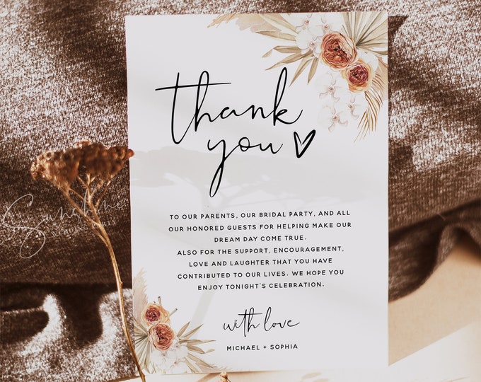 Terracotta Thank You Card Template, Pampas Grass, Floral Thank You Cards, Thank You Note Cards, Printable Cards, DIY Editable Template, T4
