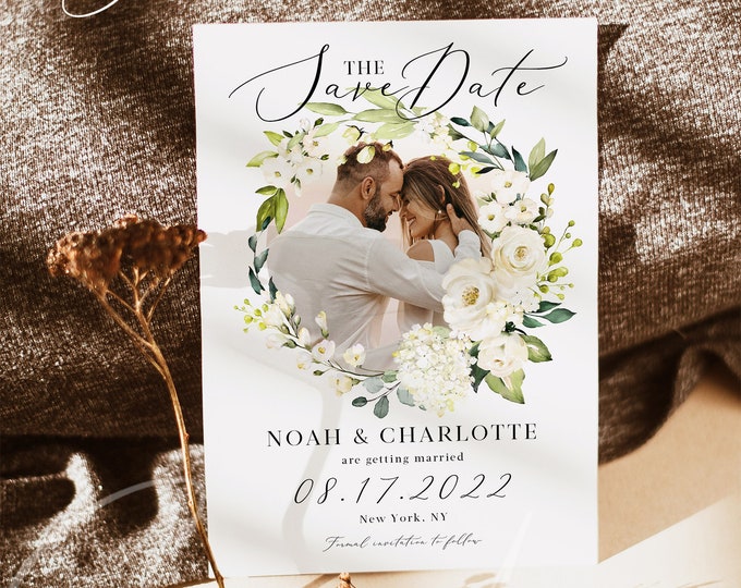 Photo Save the Date Template, White Floral Wedding, Engagement Photo Save the Date, DIY Printable, Editable DIY, Save the Date Template, F7