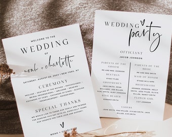 Wedding Program Template, Modern Minimalist, Order of Service, Printable Program, DIY Program Card, Instant Download, Editable Text, M15