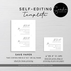 May include: Two black and white RSVP cards with a handwritten font. The larger card is 8.5 inches by 11 inches and the smaller card is 4 inches by 5.5 inches. The text on the cards reads "RSVP".