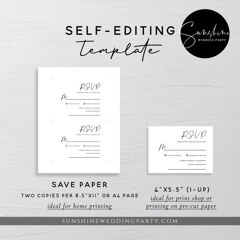 May include: Two black and white RSVP cards with a handwritten font. The larger card is 8.5 inches by 11 inches and the smaller card is 4 inches by 5.5 inches. The text on the cards reads "RSVP".