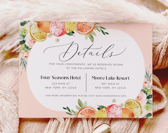 Tropical Citrus Wedding Details Card Template, Wedding Accommodations Card Template, Wedding Printable, DIY Editable, Instant Download, C4